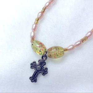 Silver Tone Beaded Antique Cross Necklace